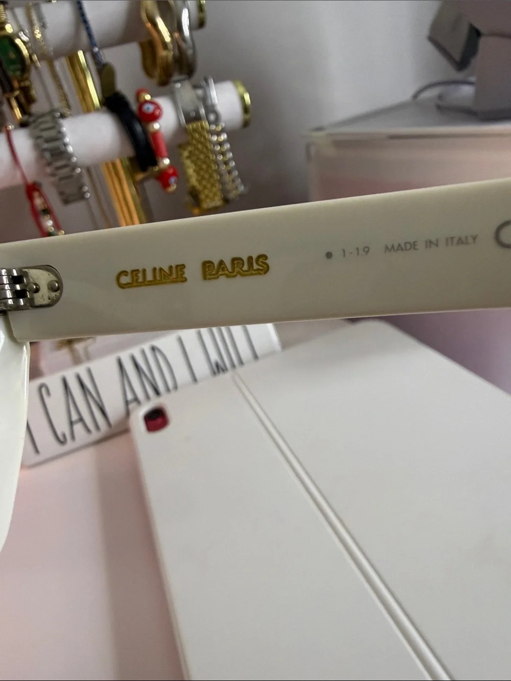 Celine White Rectangular Sunglasses with Crystal Trim and Dark Lenses